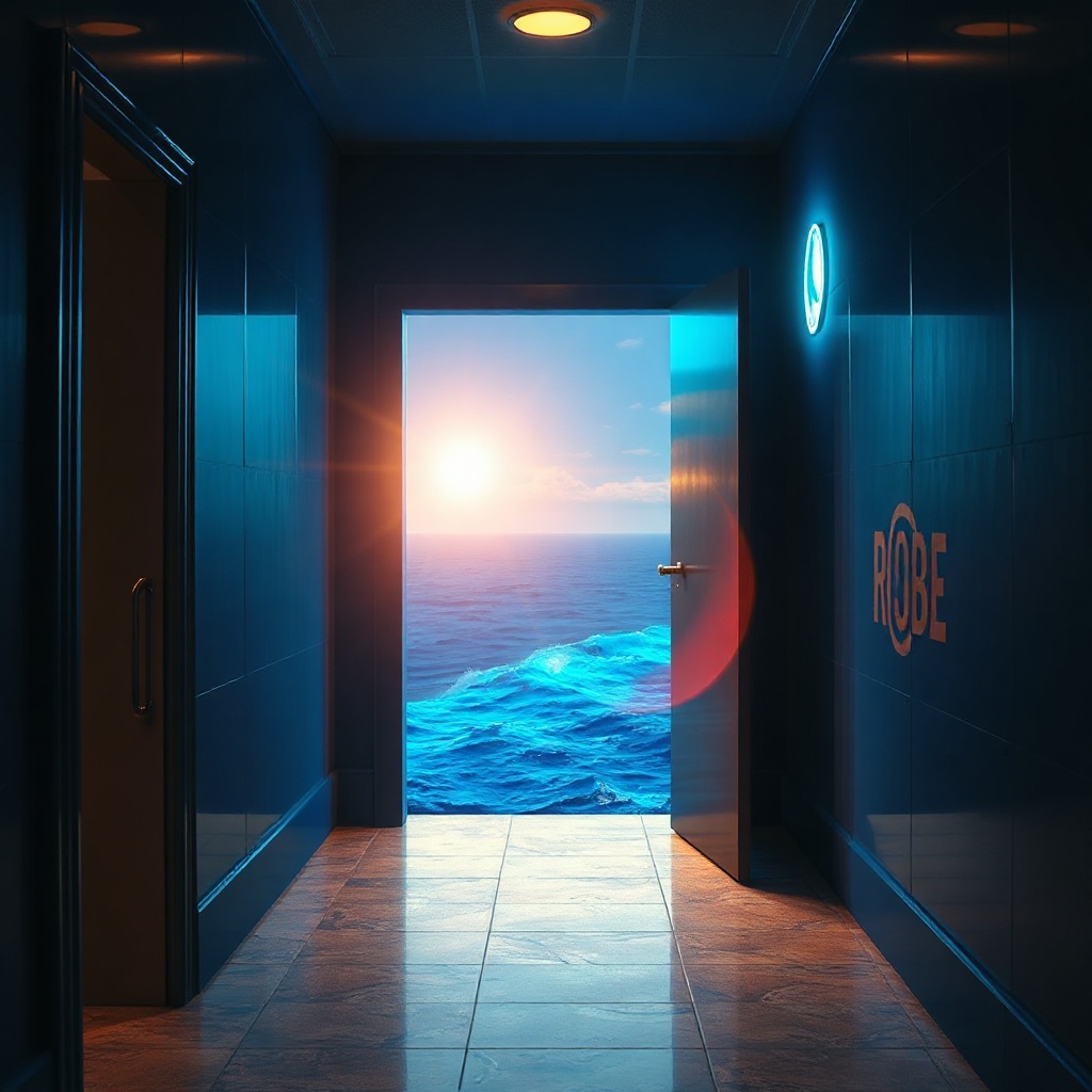 A corridor door opening onto an impossible ocean