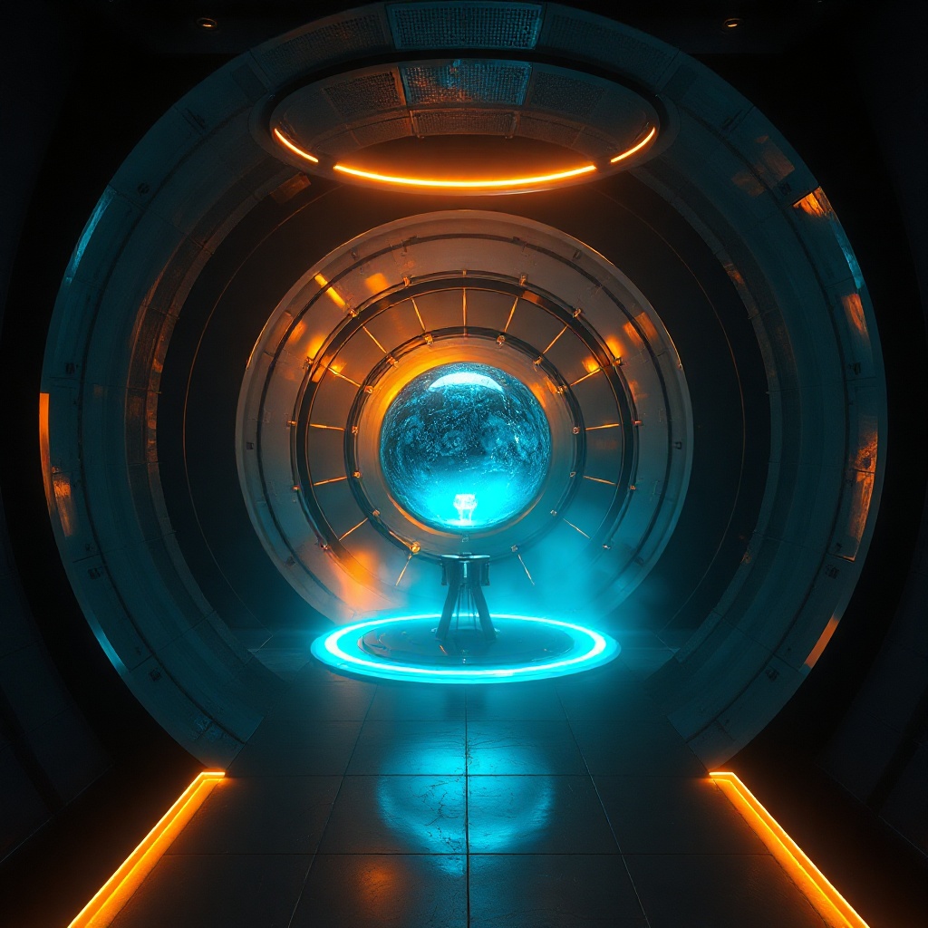 Agency reality core glowing in a dark hall